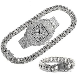 Łańcuchy luksusowe Iced Out łańcuch dla kobiet mężczyzn HipHop Miami Bling kubański duży złoty naszyjnik bransoletka do zegarka Rhinestone JewelryChains