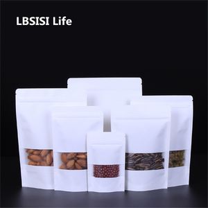 LBSISI Life 100 pezzi sacchetto di carta kraft bianco con finestra smerigliata chiusura lampo cibo spuntino tè caramelle olio sacchetto a prova di acqua sacchetto di carta da imballaggio 201021