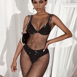 Hålig ut Crystal Diamond Beach Dress Women Sexig Seethrough täcker Black Round Collar Sleeveless Onepiece Vestidos