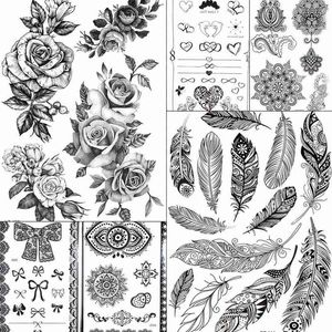 NXY Tillfällig tatuering Vattenöverföring Kvinnor Svart Bröst Fjäder S Klistermärken Tjejer Indien Floral Tato Fake Sketch Arm Lace Supplies 0330