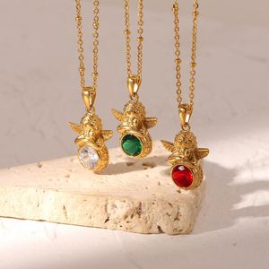 Colares pendentes extravagantes de aço inoxidável zirconia cupido anjo colar verde vermelho branco redonda jóias de zircão cz colarpenda de pedra