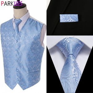 Men's Sky Blue Paisley Floral Jacquard Dress Vest & Necktie & Square Brand Wedding Groom Party Dinner Dress Vest Men Gilet Homme 220725