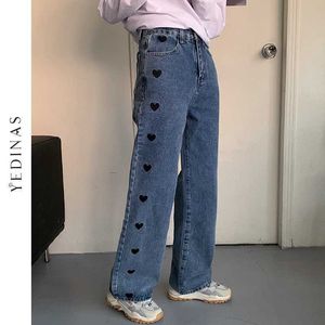 Yedinas kvinnor jeans hjärta broderi streetwear hög midja breda ben långa byxor vintage casual baggy rak denim byxor 210527