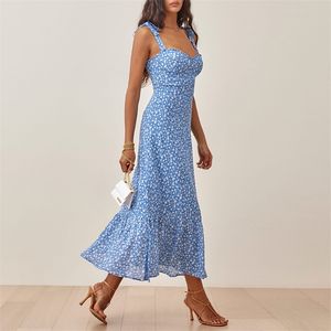 Summer Dresses For Women Elegant Ruffle Hem Floral Chiffon Midi Dress Frill Edge Sweetheart Neck Strap Tie Sexy Slip Dress 220514