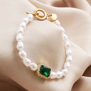 Cadeia de links vintage geométrico verde cúbico zircão de zircão de pulseiras para mulheres moda imita pérola irregularidade bloqueio jóias presentes de joalheria