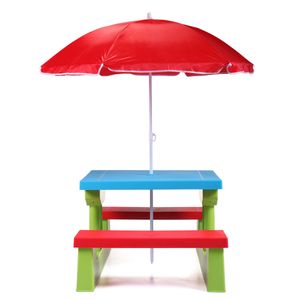 Kid Outdoor Picnic Table Set with Umbrella Junior Activity Play Desk Bench Multicolor