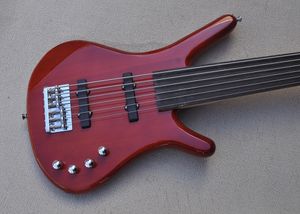 Factory Custom 6 Strings Electric Bass Guitar Red Brown Color Rosewood Fretless Fingerboard Chrome Hårdvara Erbjudande Anpassad