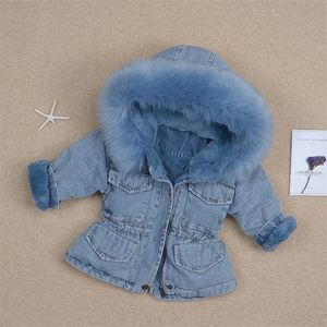 Yürümeye başlayan ceket ceket çocuklar bebek kızlar kapüşonlu sahte kürk polar sıcak kalın denim moda kış sıcak kostüm erkek pamuk-pad lj201203