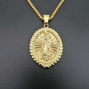 Pendant Necklaces Hip Hop Gold Color Stainless Steel Wheat Ears Virgin Mary Round Pendants Necklace For Men Rapper JewelryPendant