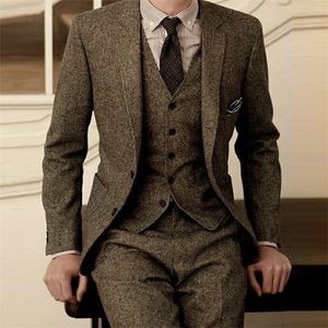 Blazer för män design bruna tweed kostym vintage vinter mal bröllop s klassiska 3 stycken 220504