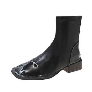 Botas cortas Chelsea con cabeza cuadrada de cuero para mujer, zapatos de mujer Martin finos con cremallera trasera elástica, tacón grueso, otoño e invierno, 220725