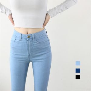Hög midja hög elastisk jeans kvinnor amerikansk stil mager blyerts denim byxor mode pantalones vaqueros mujer lj201013