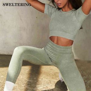 Two Piece Set Seamless Yoga Women Tracksuit Sportswear Suit Gymkläder Hög midja Leggings Top J220706