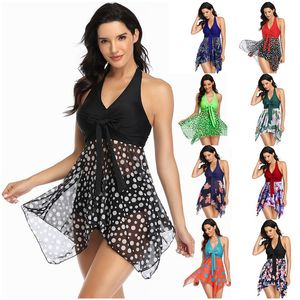 Fashion Women Swimwear Summer Halter Chiffon Dress and Briefs 2 Piece Outfits Sexy Bikini Suit Floral Printed One-piece Swimsuit Lady Beach Conservative