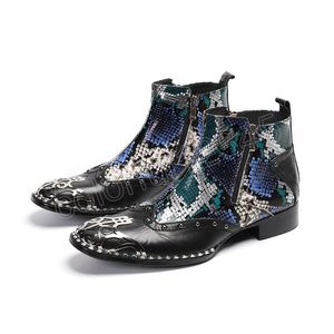 Fashion Luxury Men Boots Genuine Leather Ankle Boots Snake Skin Italian Business Dress Shoes Pointed Toe Cowboy Boot Male