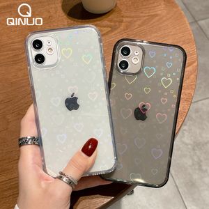 Fashion Gradient Laser Love Heart Leaf Pattern Case For iPhone 13 11 12 Pro Max X XS XR 7 8 Plus SE Clear Cover With Hearts