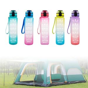 1000ml Large Capacity Water Bottles Free Motivational With Time Marker Fitness Jugs Gradient Color Plastic Cups Outdoor Frosted Water Bottle FY5016 0530