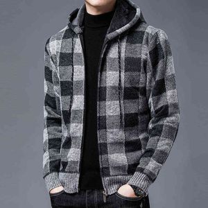 autunno e inverno nuovo maglione di lana lavorato a maglia da uomo scozzese con cappuccio caldo aggiungi cashmere aggiungi cappotto casual spesso sciolto di grandi dimensioni moda Y220803