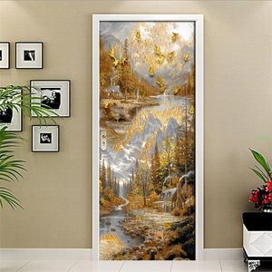 DIY Kapı Sticker Nordic Golden Town Kırsal Elk Duvar Kağıdı PVC Su geçirmez kendi kendine yapışkan poster oturma odası yatak odası dekoru 220426