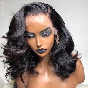 Wellenförmige kurze Schnitt Bob Lace Front Perücken für Frauen Schwarz Farbe Synthetische Haar Glueless Schnürsenkel Wigs Babyhaare Natürliche Haaransicht Tägliche Kleidung