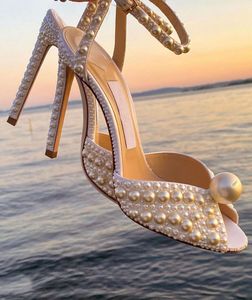 Eleagnt свадьба свадебная свадьба Sacora Trode Shoes White Pearls Кожаные насосы Леди Стилетто каблук лодыжки Леди