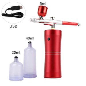 Topp 0,4 mm Pink Mini Air Compressor Kit Air-Brush Paint Spray Gun Airbrush för nagelkonst Tatuering Craft Cake Nano Fog Mist Sprayer 220505