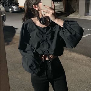 Neploe DrawString Pleated Blue Women Spring Solid Square Collar Puff Sleeve Blusa Shirts Fashion Casual Female Tops 210226