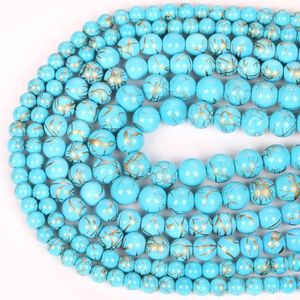 Diğer 6/8/10mm Doğal Mavi Altın Hattı Turquoises Taş Boncuklar Yuvarlak Mücevher Yapma DIY Kolye Bilezik Aksesuar Rita22