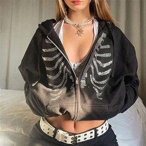 Zip Up Gothic Black Hoodie y2k Women's Skull Casual Oversized Sweatshirt Punk Egirl Harajuku Long Sleeve Outerwear 220804