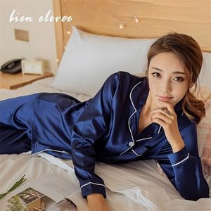 Faux Silk Satin Pajamas Sets Pyjamas Autumn Women Sleepwear Long Sleeve Pijamas Suit Female Nightwear Loungewear Sexy Lingeries 201114