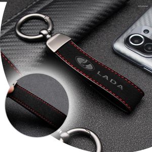 Keychains Creative Car Logo Chave de Couro girando 360 graus Keyrings de metal para Lada Granta Kalina Largus Samara Priora Vesta 009 Miri22