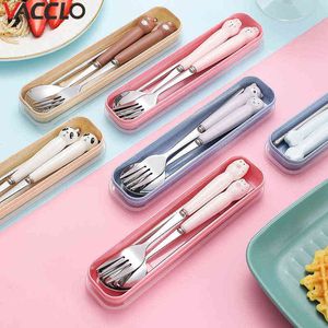 Vacclo 3pcs/conjunto de garfo portátil para crianças com caixa de desenho animado criativo Fork para a aço inoxidável Dent de mesa de mesa de mesa Y2205530