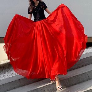 Spódnice 2022 Plus Size 7XL 8XL 6XL Spring and Lato Kobieta Red Szyfon Big Hem Elegancki Dance Długie Kobiety Spódnice Wzory Damskie