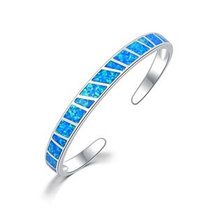 Ekopdee Blue Fire Opal Stone Open Bangles Silver Plated Adjustable Minimalist Bracelets Jewelry Gifts For Girl Women 220726