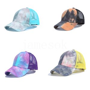 Women Messy High Bun Trucker Hats Mesh Gradient Rainbow Printed Baseball Caps Tie Dye Ponytail Snapback Caps DE539