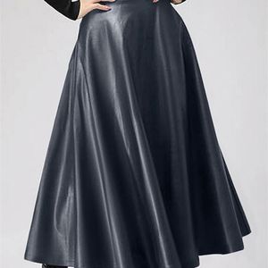 Kvinnor långa kjolar höstläder pu celmia solid office lady midi elegant hög midja parti bottnar w220426