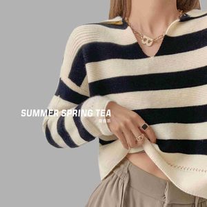Kvinnors Tröjor Sommarfjäder 2022 Höst Vinter Krage Striped Sweater Design Sense Lazy Style Trend