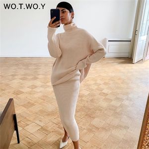WOTWOY Knitted Cashmere Suit Women Skirt and Top 2 Piece Sets Women Autumn Winter Solid Turtleneck Sweater Costumes Women Set 201224