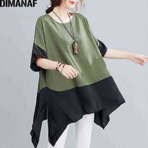 Dimanaf Summer Plus Size Blouse Shirts Mulheres roupas Chiffon Solid Spliced ​​Casual Basic Lady Tops Tunic Loose Oversize 5xl 6xl 210326