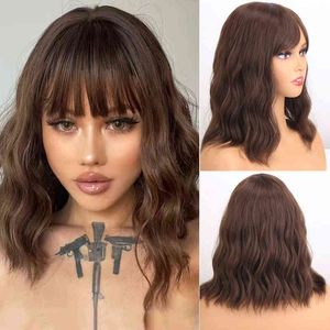 Medium Wavy Synthetic Wig with Bangs for Women 14inch Black/brown/pink Short Bob Daily Party Use Natural Looking Cosplay 220622