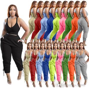 2022 Kvinnor Tracksuits Designer Kläder Fashion Sexig Suspender Vest V-hals Crop Top Summer Two Piece Pants Set Plus Size