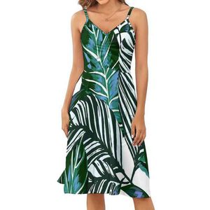 Palmbladeren groene jurk dames tropische bos print esthetische es zomer spaghetti riemen modern casual verjaardagscadeau
