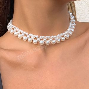 Boho Fashion Imitation Pearl Necklace Kvinnors Retro Sweet Choker Bride Handgjorda Beaded Halsband Tjej Smycken