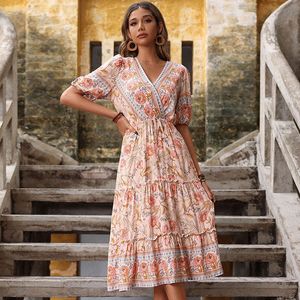 Sommer Dresse Floral A-Line Elegante Chiffon Maxi Kleid Bohemian Lose Beiläufige Rüschen Strand Kleider für Frauen Vestidos 220516