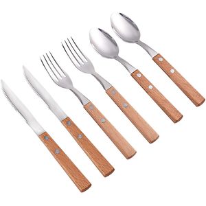 Flatware Zestawy sztućców Kolacja Nóż i widelec Zestaw 304 Stal nierdzewna z drewnianymi szerokim uchwytem naczynia