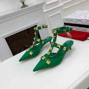 Sexy T-strap Dress Shoes Slingback Sandals Designer Rivets Pumps 4CM Heels Pointy Real Leather Ankle Buckle Banquet Shoe