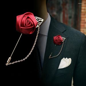 Pins Brooches Rose Leaf Fabric Flower Simple Chain Men's Suit Collar Lapel Brooch Pin Men Wedding Banquet Korean Fashion Jewelry Seau22