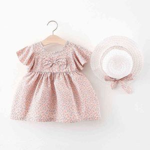 2st Summer Toddler Girl Clothes Set Söta bågblommor Kort ärm Nyfödda babyklänningar Little Princess Dress+Sunhat Y220510