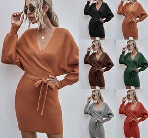 Kadınlar Batwing Sweater Elbise V Boyun Örgü Kuşaklı Bodycon Zarif Mini Elbiseler Uzun Kollu