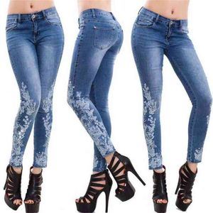 Denim Kalem Pantolonları Kadınlar İçin İşlemeli Kot Pullu Çiçek Kadın İnce Desen Pantalon Femme S2XL 210915